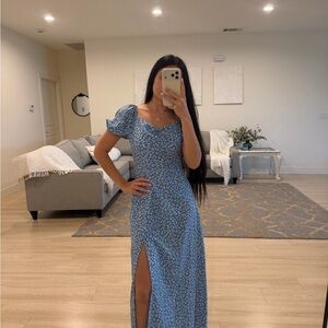 Aritzia Blue Floral Puff-Sleeve Maxi Dress with Side Slit